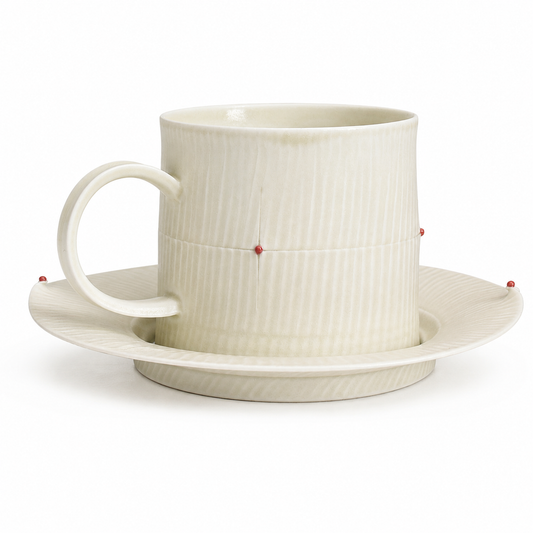 Wood Ash Glaze Beaded Teacup and Saucer